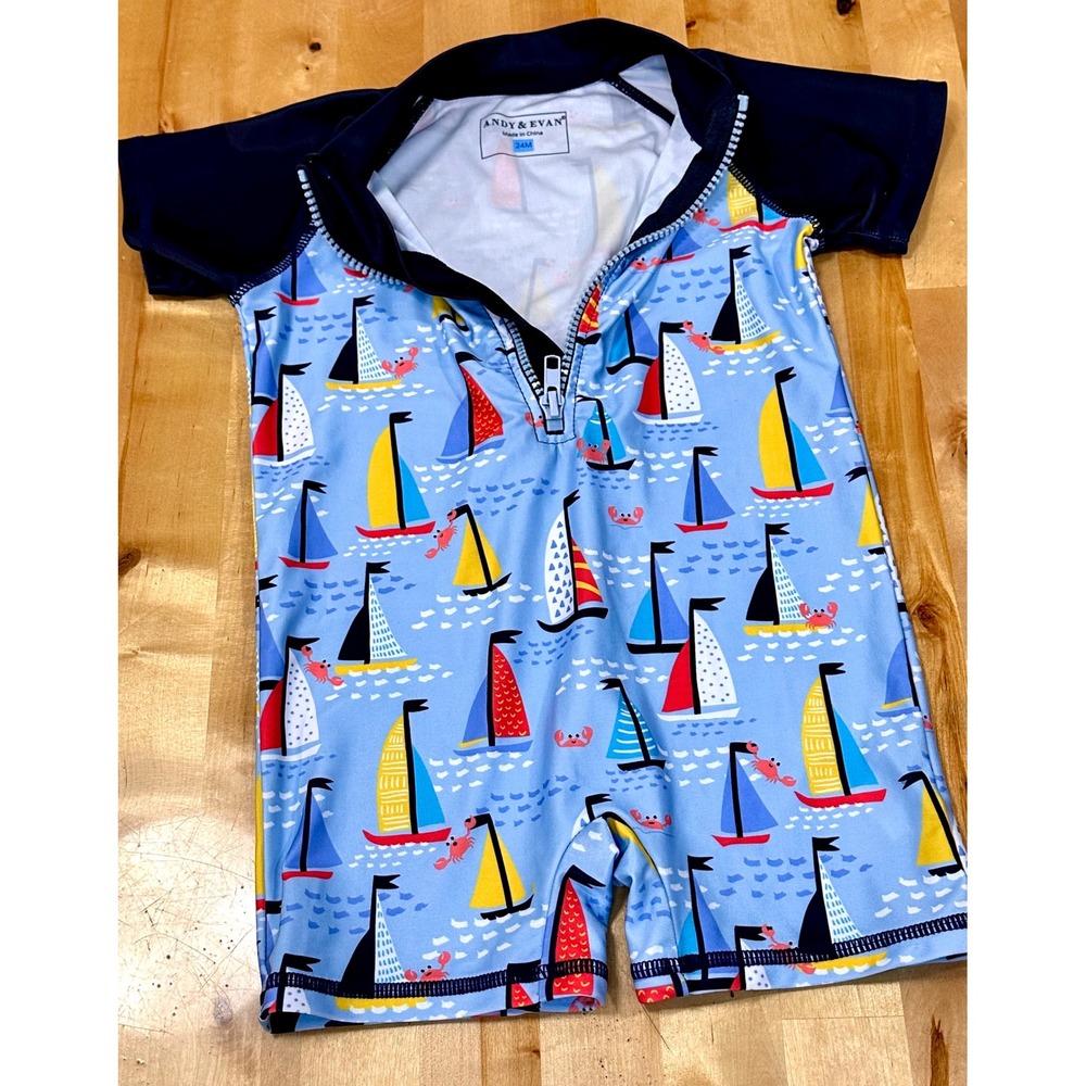 Andy & Evan Rash Guard Swimsuit Toddler 24M Blue Sailboat Excellent Nautical Zip - Picture 2 of 4